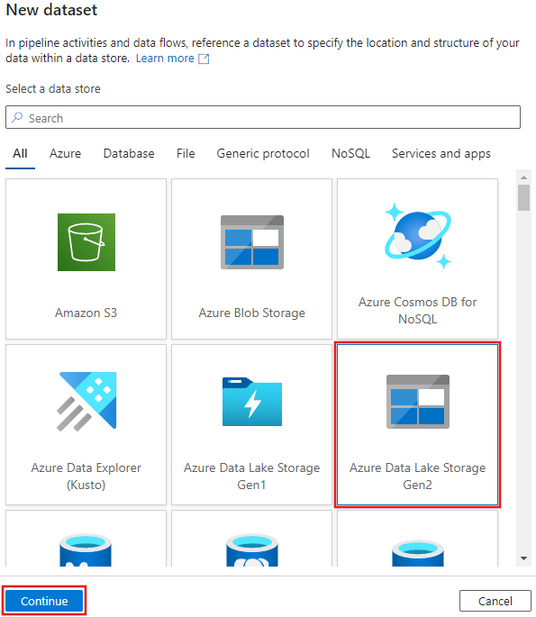 Captura de tela mostrando onde selecionar o Azure Data Lake Storage Gen2 na janela Novo conjunto de dados.