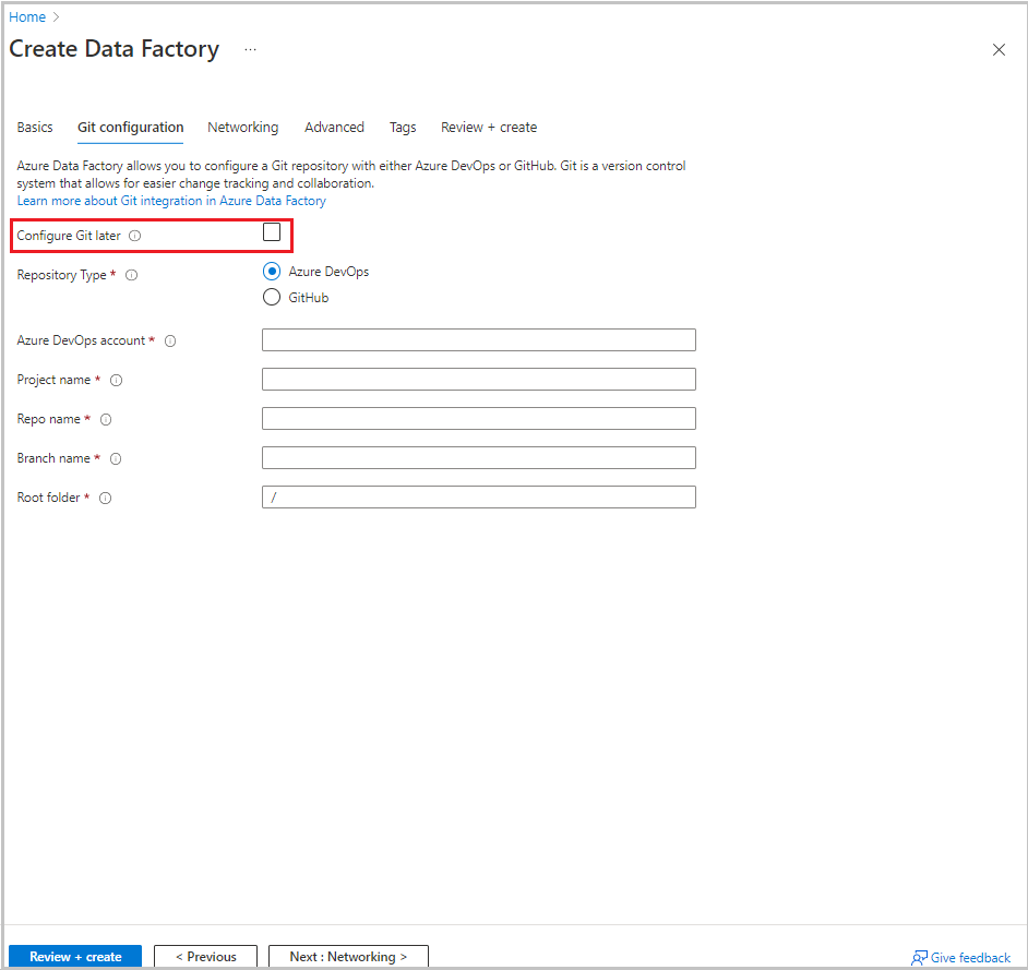 Captura de tela que mostra opções para a configuração do Git na criação de um data factory.