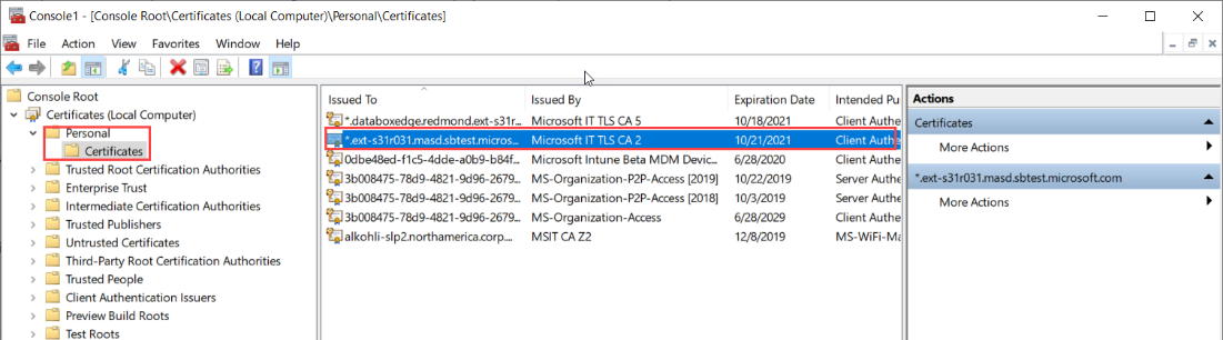 Captura de ecrã do Armazenamento do Computador Local num dispositivo com Certificados apresentados para o Armazenamento Pessoal. A pasta pessoal e o armazenamento de certificados são realçados.