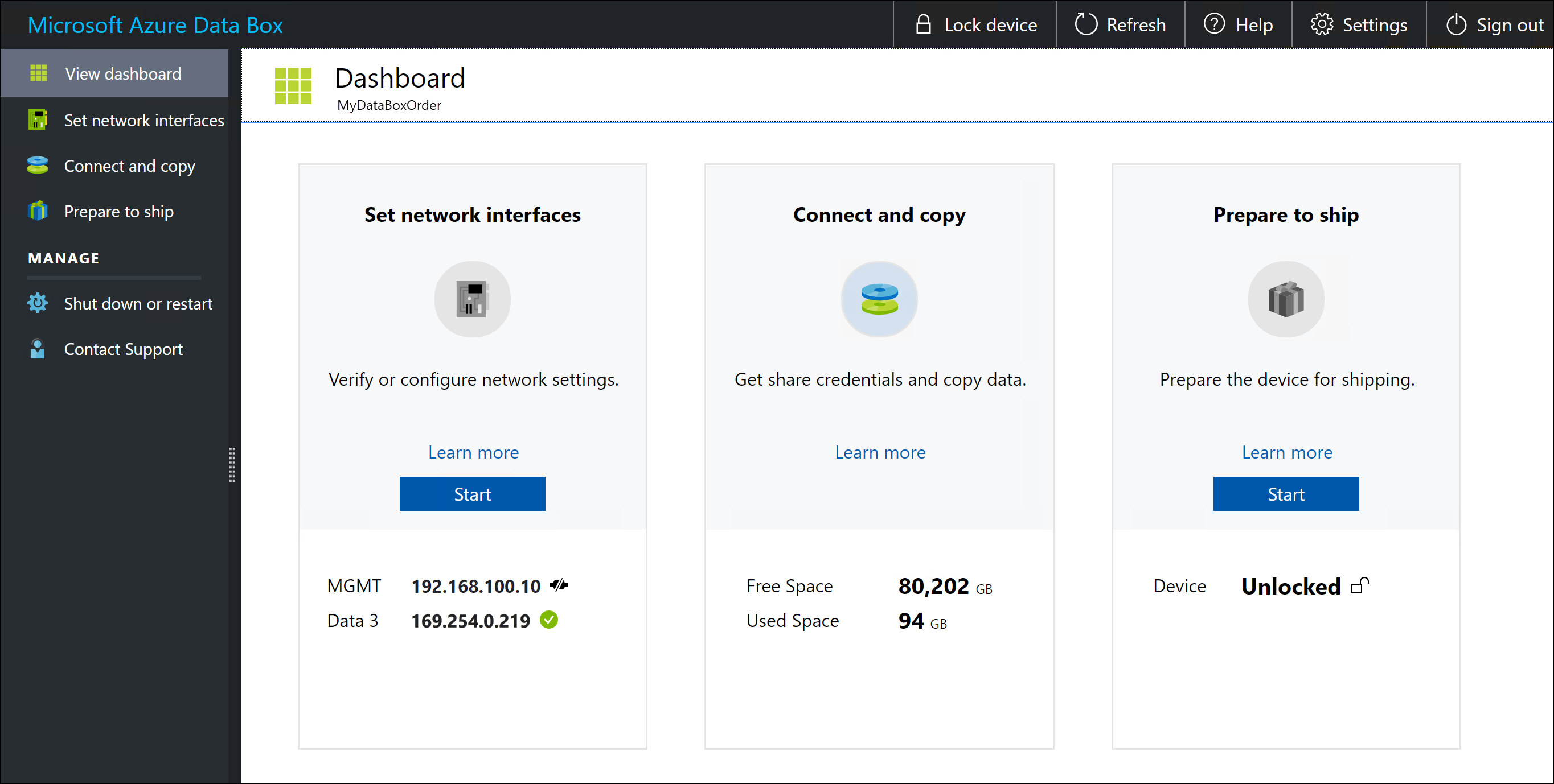 A IU da Web local do Data Box