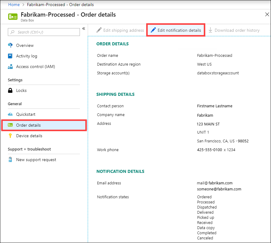 Comando Editar detalhes da notificação em Detalhes da ordem