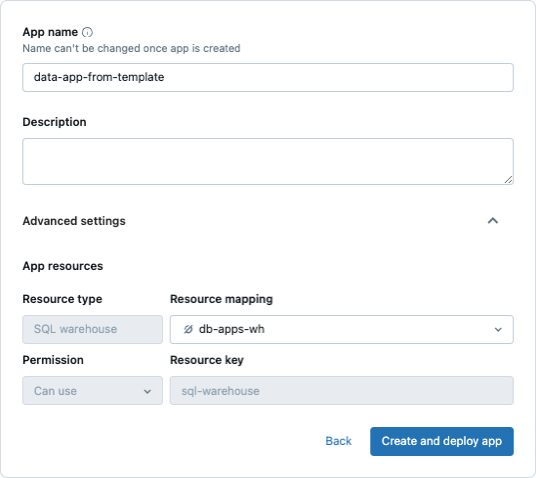 Exibir a página para nomear um aplicativo Databricks e adicionar recursos