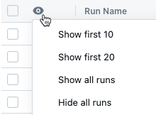 Use o menu show-hide run para mostrar as primeiras 10, 20 ou todas as execuções.