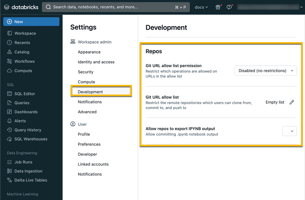 O painel Desenvolvimento em Configurações do administrador, usado para definir o acesso ao Git do usuário