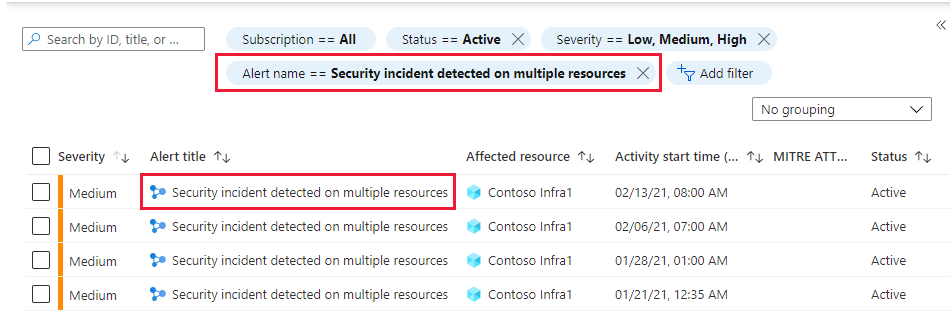 Lista de incidentes na página de alertas de segurança no Microsoft Defender for Cloud.