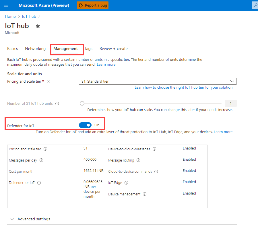 Verifique se a alternância do Defender for IoT está ativada.