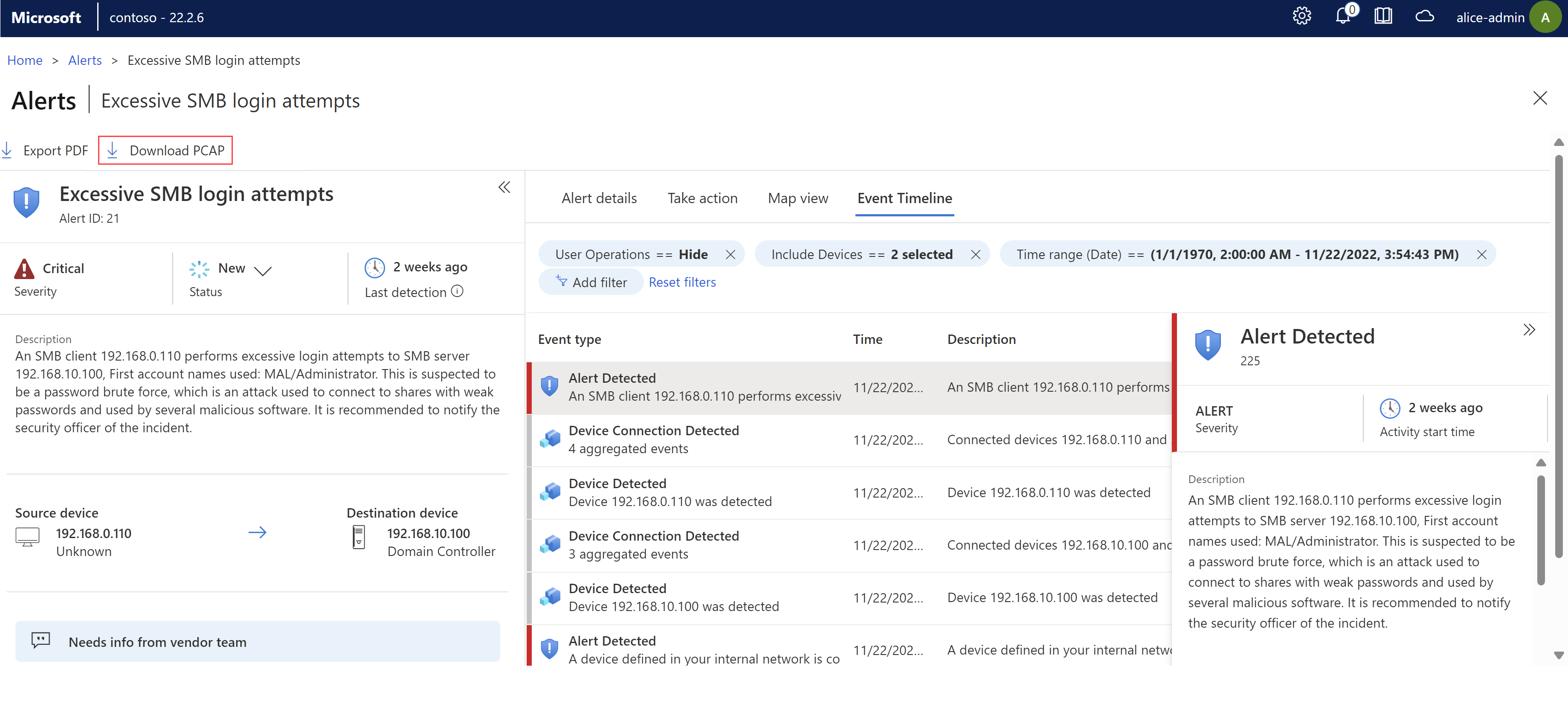 Captura de ecrã das opções de Download PCAP no sensor OT.