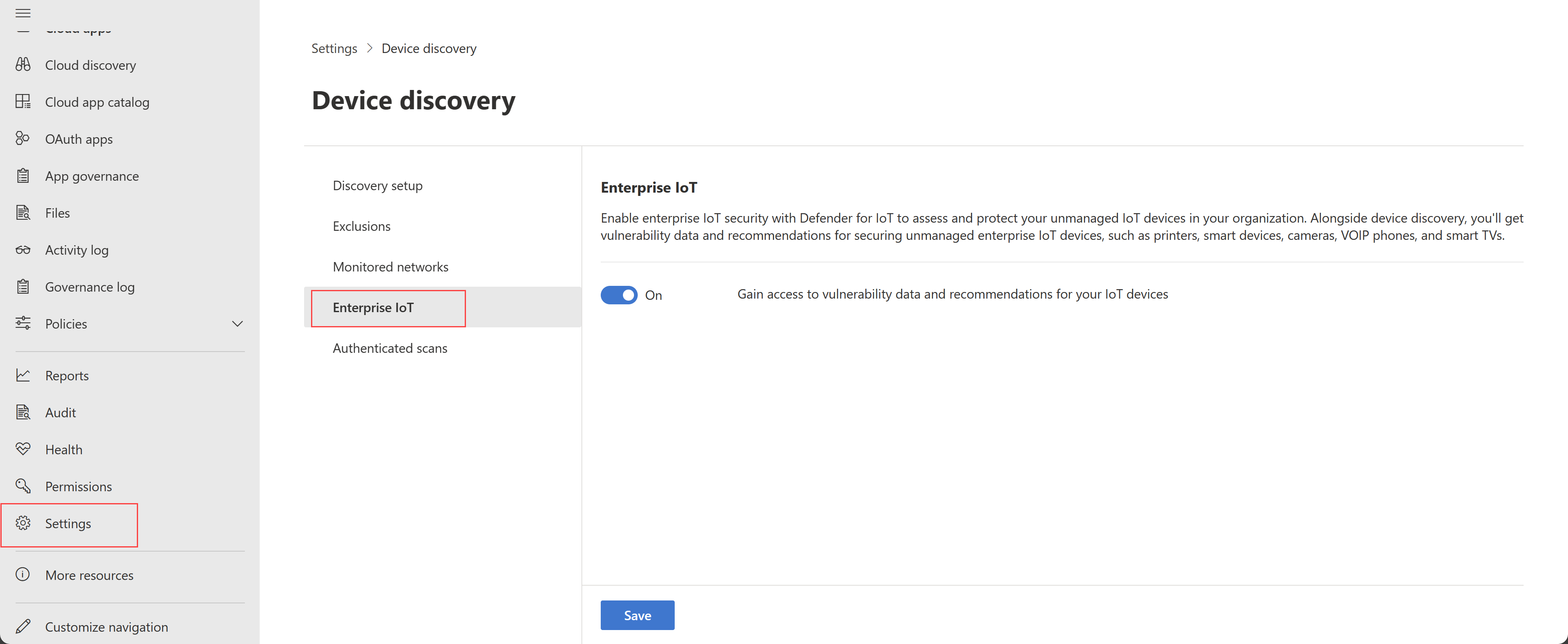 Captura de tela do Enterprise IoT ativado no Microsoft Defender XDR.