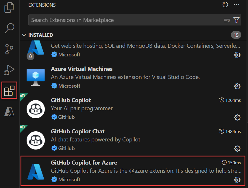 Captura de tela que mostra o GitHub Copilot para Azure na lista de extensões no Visual Studio Code.