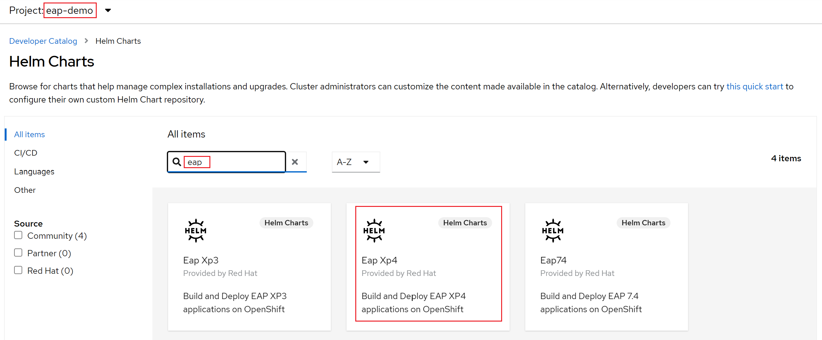 Captura de tela do console OpenShift EAP Helm Charts.