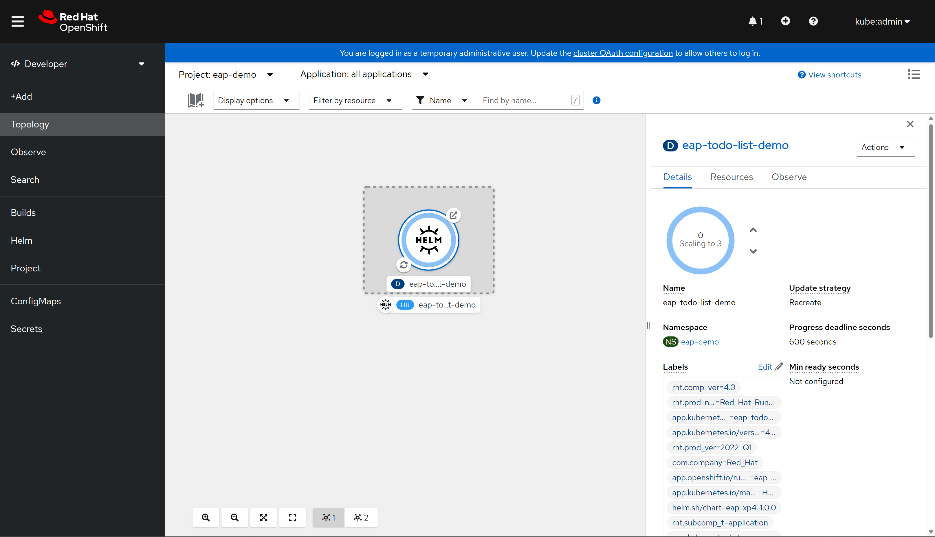 Captura de tela da topologia do console OpenShift.