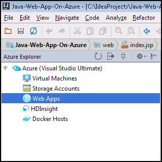 kit de ferramentas IntelliJ mostrando o Azure Explorer