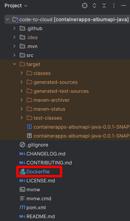 Captura de tela do Intelli J que mostra o explorador de projetos com o nó Dockerfile realçado.