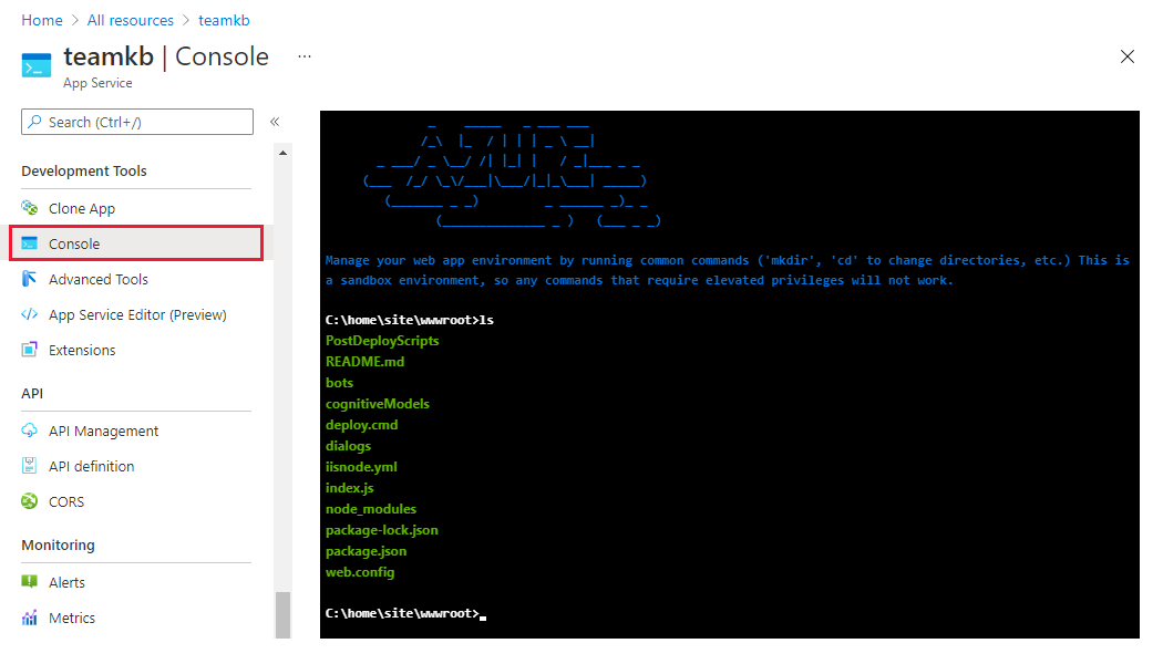 No portal do Azure para seu aplicativo Web ou aplicativo de função, selecione 'Console' no menu 'Ferramentas de desenvolvimento'.