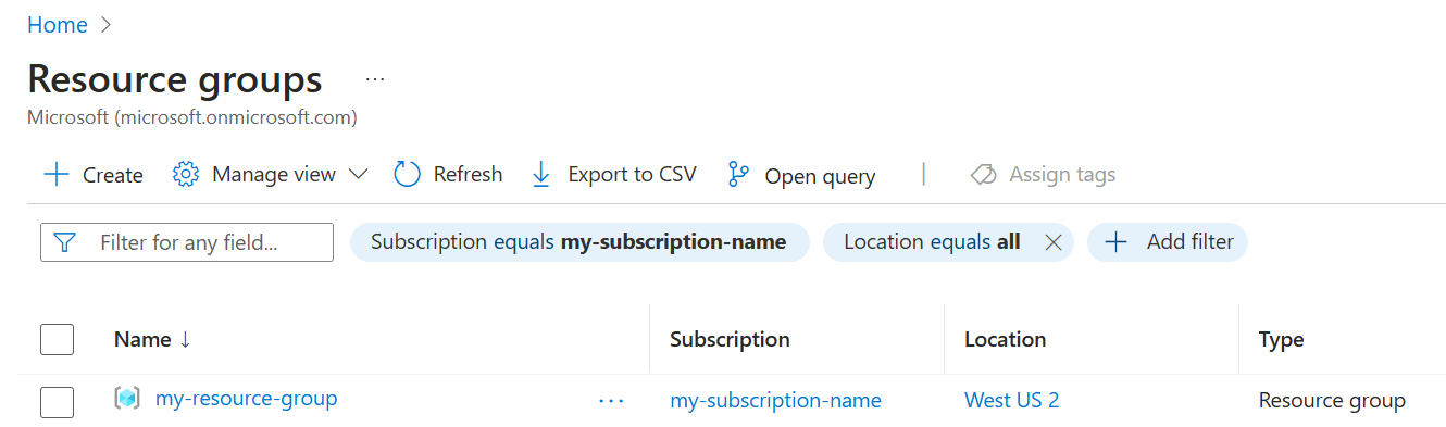 Captura de tela parcial do portal do Azure, selecionando grupo de recursos na lista de grupos de recursos.