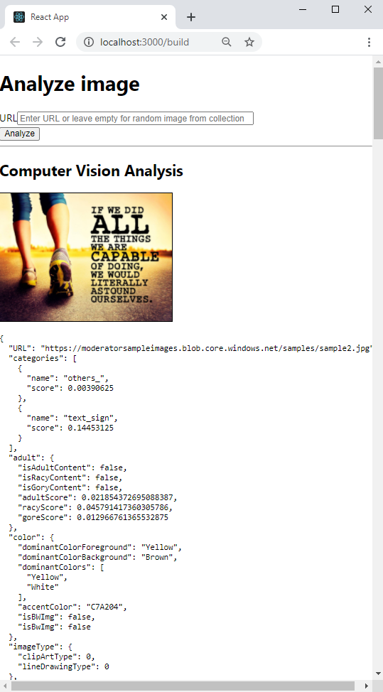 Captura de tela dos resultados da amostra do React Cognitive Service Computer Vision.