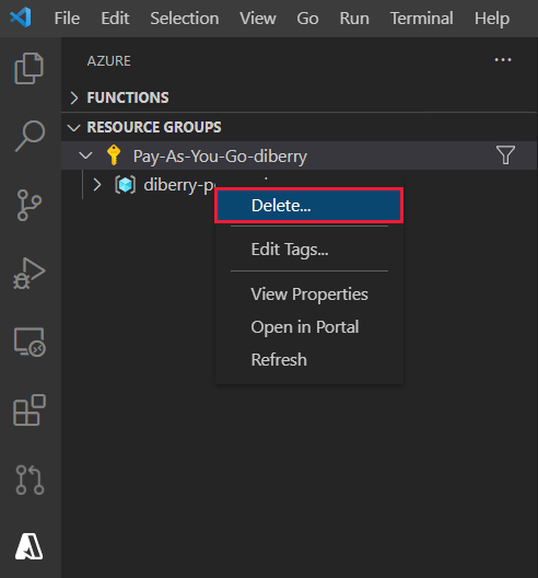 Captura de ecrã parcial do VS Code, selecionando o grupo de recursos na lista de grupos de recursos e, em seguida, clicando com o botão direito do rato para selecionar 'Eliminar'.