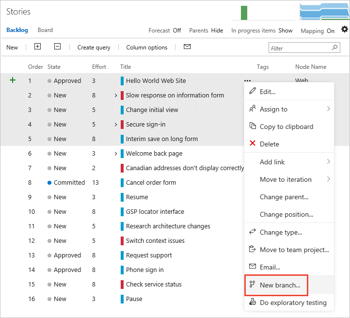 Captura de tela de selecionar vários itens da lista de pendências, Criar link de ramificação.