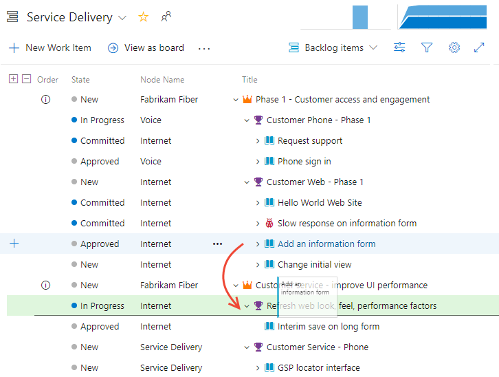 Reparentar ou reordenar itens de trabalho em uma lista de pendências