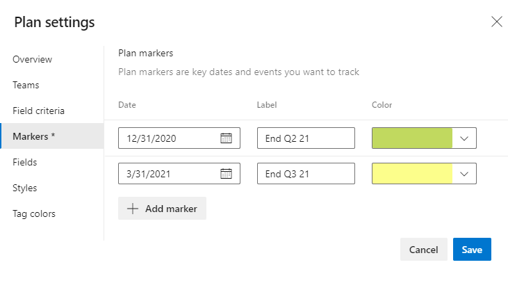 Captura de tela das configurações de Caixa de diálogo para planos, guia Marcadores, dois marcadores definidos.