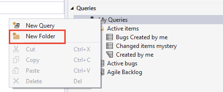 Captura de tela do Visual Studio, abra o menu de contexto e escolha Nova pasta.