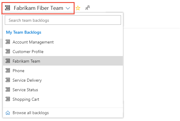 Captura de tela para selecionar outra equipe, Azure DevOps Server 2019.