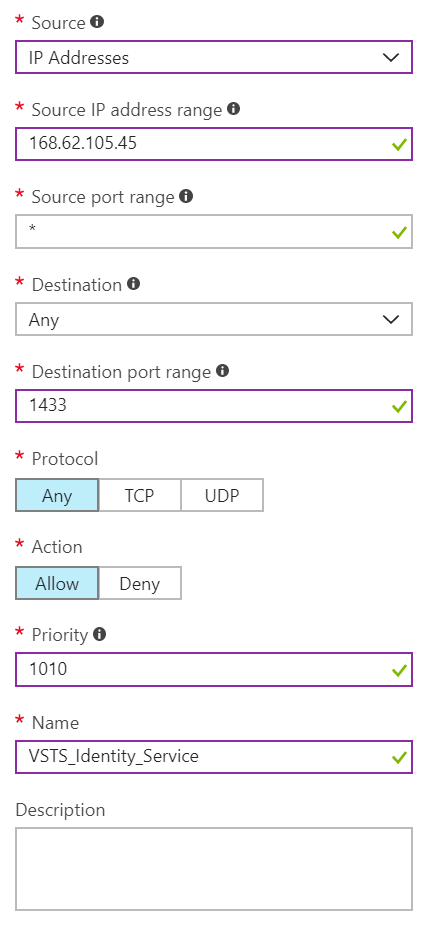 Captura de tela de uma configuração de regra de porta de entrada concluída.