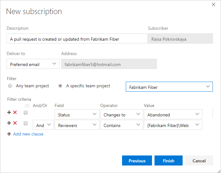 Captura de ecrã dos novos critérios de evento de subscrição de notificação.