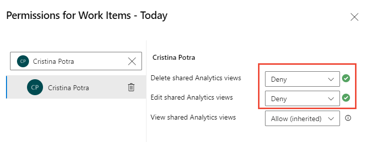 Captura de ecrã da caixa de diálogo de segurança da vista do Shared Analytics, alterar permissões para um utilizador.