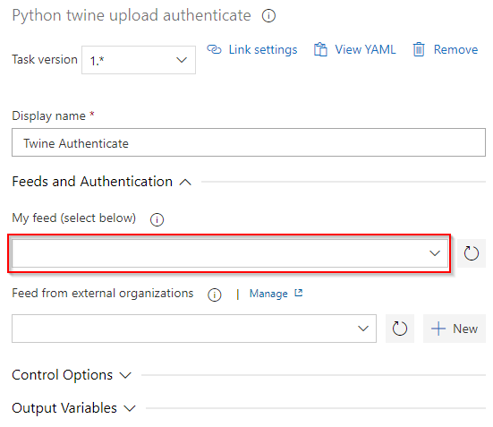 Uma captura de tela da tarefa de autenticação de carregamento de fio Python no Azure Pipelines.