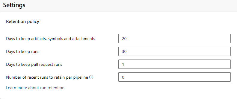 Exemplo 1: políticas de retenção de definições de projeto