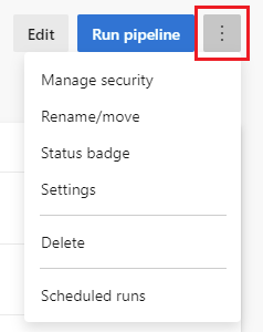 Captura de tela das configurações do pipeline e do menu de mais ações.