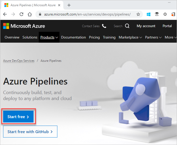 Captura de ecrã da página Iniciar grátis com o Azure Pipelines.