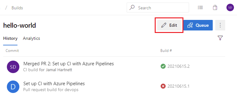 Botão de edição YAML do Azure Pipelines no Azure DevOps Server 2019 Update 1.