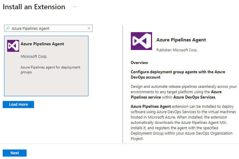 Captura de tela que mostra a seleção da extensão do Agente de Pipelines do Azure.