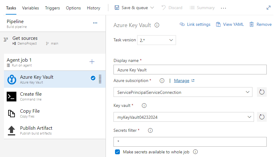 Uma captura de tela mostrando como configurar a tarefa Cofre da Chave do Azure em pipelines clássicos.