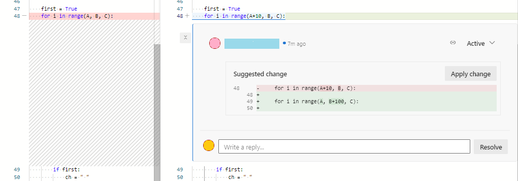 Captura de tela mostrando exemplo de alteração sugerida em uma solicitação pull.