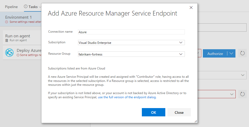 Azure Subscription Authorize advanced options (Autorizar opções avançadas da subscrição do Azure)