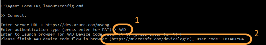 Fluxo de autenticação de código de dispositivo do Azure Active Directory para o agente de pipelines.