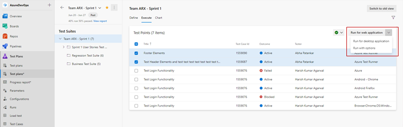 Execute casos de teste com opções no separador Executar.