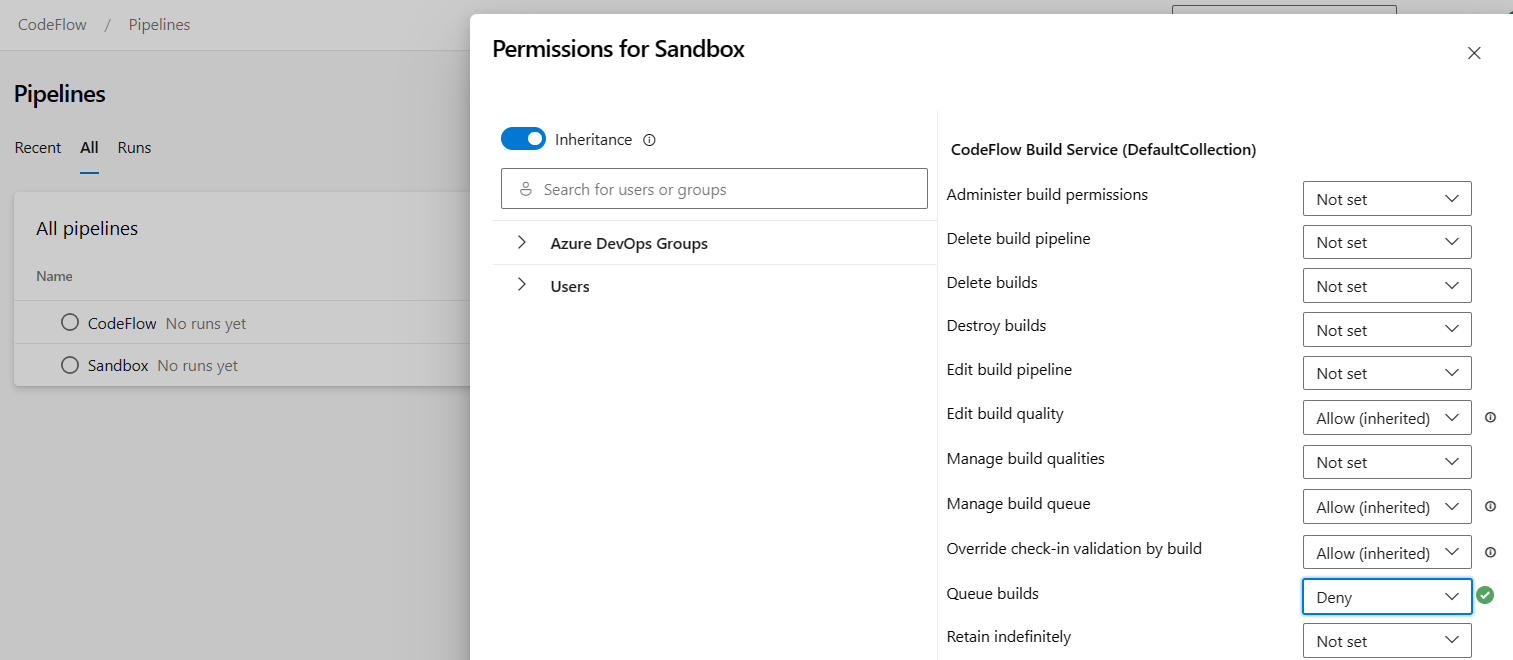 Captura de tela das permissões para Sandbox.