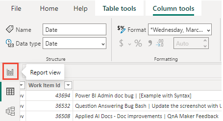 Captura de ecrã da seleção da vista Relatório do Power BI.