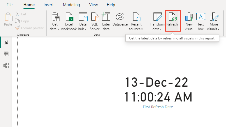 Captura de ecrã da opção de atualização do Power BI Desktop.