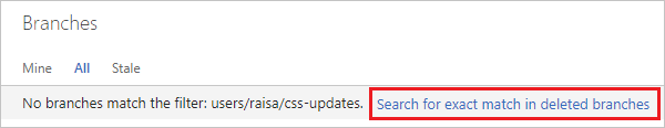 Pesquisar a correspondência exata em ramificações excluídas no portal da Web do Azure DevOps Services/TFS