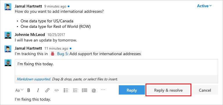 Captura de ecrã a mostrar como resolver um comentário no Azure Repos P Rs.