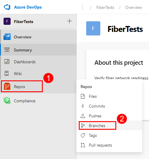 Captura de ecrã da página do projeto Azure DevOps com o menu Repo expandido.