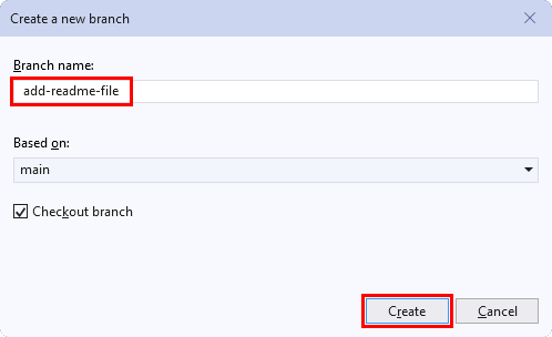 Captura de tela da janela 'Criar uma nova ramificação' no Visual Studio.