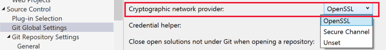 Captura de tela da configuração do provedor de rede criptográfica com OpenSSL selecionado no Visual Studio.