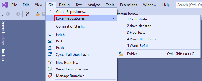 Captura de tela da opção 'Repositórios locais' no menu Git no Visual Studio.