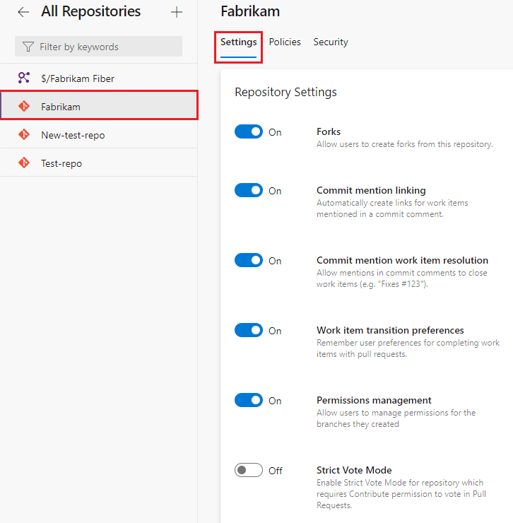 Captura de tela que mostra as configurações do repositório da Fabrikam.